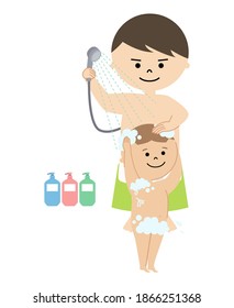 Vector illustration of man washing boy's hair.