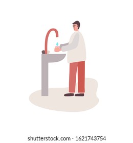Vector illustration of a man washing his hands with water over the sink and washing his face in the morning. Hygienic processing of hands.