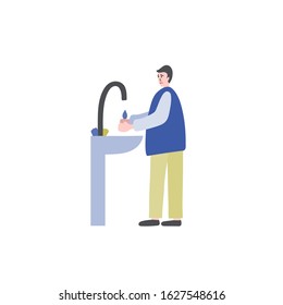 Vector illustration of a man washing his hands with water over the sink and washing his face. Hygienic processing of hands. Obsessive hand washing. Obsessive compulsive disorder.