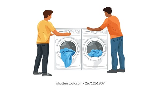 Hombre de la Ilustración vectorial en la lavadora con la ropa