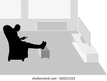 Vector illustration man watches TV in the living room