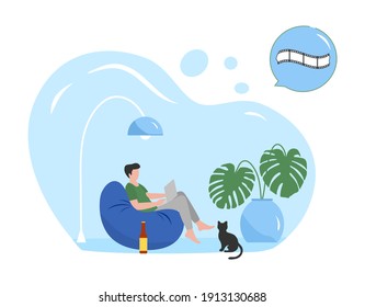 Vector illustration Man watching online movies on tablet, laptop. Relaxing at home lifestyle concept. Leisure Digital Internet TV, web videos player, social media live stream. Design for web app print