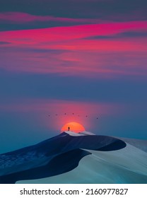 Imagen vectorial del hombre mirando la puesta de sol en la montaña sobre el fondo blanco.