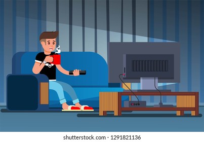 Vector Illustration of Man Watching Television on the Couch. Tv and Sitting on the Couch, Drinking