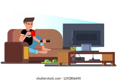 Vector Illustration of Man Watching Television on the Couch. Drinking