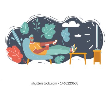 Vector illustration of man watching television on armchair. TV and sitting in chair, drinking. Human character on dark background.