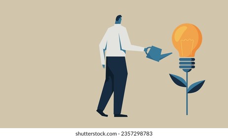Vector illustration of a man watering a flower of inspiration.