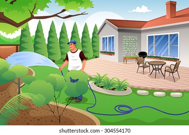 A vector illustration of man watering his grass and garden in the backyard