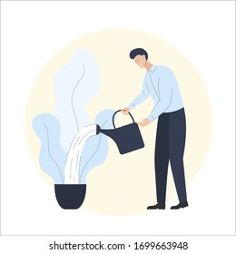Vector illustration of a man watering a large flowerpot with a plant in the room. It represents a concept of household, healthy lifestyle, home plants, quarantine and staying at home