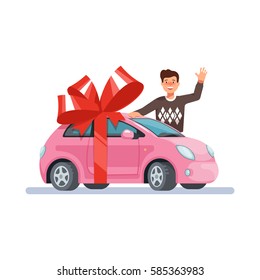 Vector Illustration Man Wave His Hand And Give Pink Mini Woman Car With Red Bow Flat Style On Blue Background. Concept Design Gift Girl Automobile.