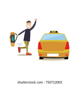 Vector illustration of man waving to hail taxi cab. Street people flat style design element, icon isolated on white background.