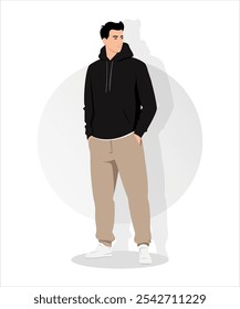 Vector illustration. A man wearing black skinny jeans and light beige pants demonstrates a minimalist yet stylish look that is suitable for any casual occasion.