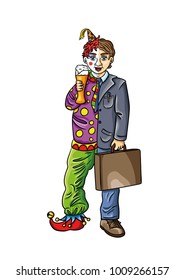 Vector illustration of man wearing a business suit and a clown costume and drinking a German beer in isolated white background. 