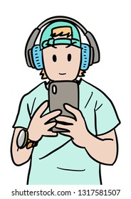 Vector illustration of a man wearing cap standing selfie in front of the mirror with wireless headset.