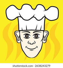 Vector illustration of a man wearing a chef hat on a yellow background