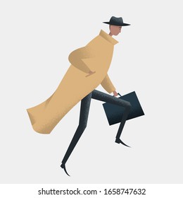 Dibujo vectorial de un hombre con abrigo y sombrero y corriendo con un maletín en la mano. Carácter masculino dibujado