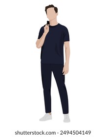 Ilustración vectorial de un hombre con una camiseta azul oscuro y pantalones azul oscuro. Minimalismo cotidiano