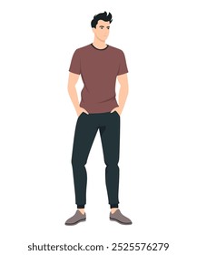 Vector illustration of a man wearing a dark red t-shirt and black pants, creating a stylish and minimalistic look.