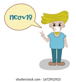 Vector illustration of the man wearing face mask for prevent the flu corona virus or COVID19. The boy show his two fingers for fighting to NCOV19 with speech bubble.