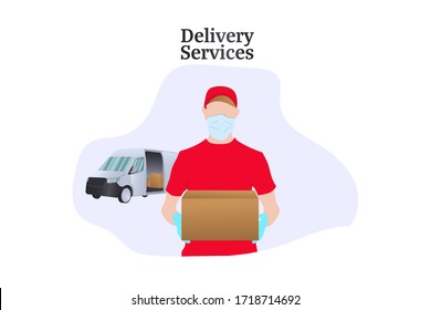 Vektorgrafik eines Mannes, der Gesichtsmaske trägt Versandpaket mit Lieferwagen, Lieferservice Konzept.
