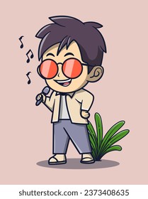 vector illustration of a man wearing glasses singing using a microphone. surrounding plants