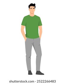 Ilustración vectorial de un hombre con una camiseta verde y pantalones grises, complementado con zapatillas informales.