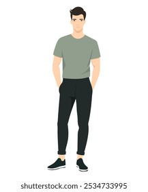 Vector illustration of a man wearing a green T-shirt and black trousers, creating a stylish and minimalistic look. And simply give an onion