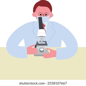 A vector illustration of a man wearing a lab coat, glasses, and a mask, looking into a microscope.