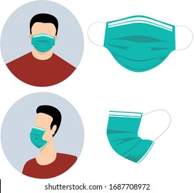 Vector illustration of a man wearing a mask, front view and side view