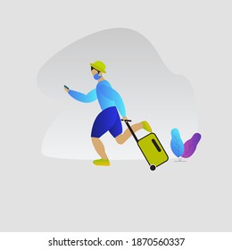 Vector illustration, a man wearing mask is running with a suitcase for a vacation, modern flat people character 