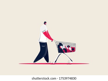 Vector illustration of a man wearing a medical mask with a shopping cart in the supermarket during the COVID-19 outbreak. Social Distancing illustration.