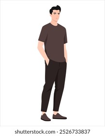 Ilustración vectorial de un hombre con una camiseta de color oliva y pantalones negros ajustados, creando un look elegante y minimalista. Y simplemente dar una cebolla