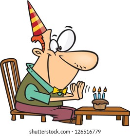 Vector illustration of man wearing party hat and getting ready to blow out candles