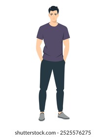 Vector illustration of a man wearing a purple t-shirt and black pants, creating a stylish and minimalistic look.