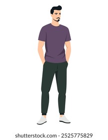 Vector illustration of a man wearing a purple t-shirt and black pants, creating a stylish and minimalistic look.