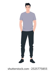 Vector illustration of a man wearing a purple t-shirt and black pants, creating a stylish and minimalistic look.