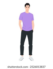 Vector illustration of a man wearing a purple t-shirt and black pants, creating a stylish and minimalistic look. And simply give an onion