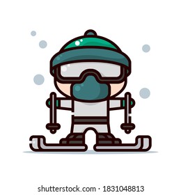 Vector illustration of a man wearing ski glasses, ski hat, holding a pair of ski pole, with ski board on his feet, in the middle of snow.