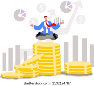 Vector illustration of man wearing suits levitating on coin stack depicting successful business and growth 