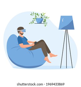 Vector Illustration Man wearing virtual reality 3d glasses Gaming,Travel, holiday trip, tour, watching movie VR headset Property VR simulation Modern entertainment Augmented reality visualize creation