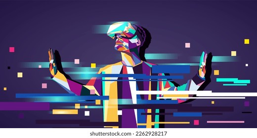 Vektorgrafik eines Mannes, der eine Brille mit virtueller Realität trägt. Das Konzept der modernen Technologie. Im modernen Kunststil.