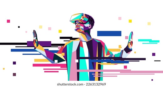 Vector illustration of a man wearing virtual reality glasses. The concept of modern technology. In modern art style.