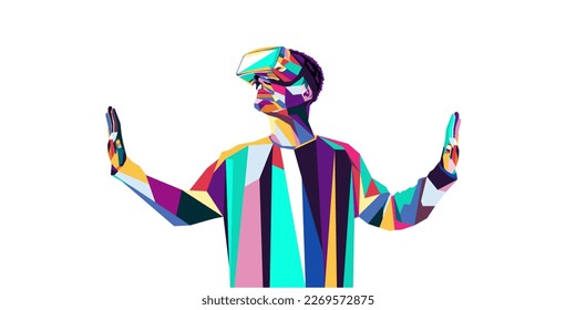 Vector illustration of a man wearing virtual reality glasses. The concept of modern technology. In modern art style.