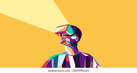 Vector illustration of a man wearing virtual reality glasses. The concept of modern technology. In modern art style.