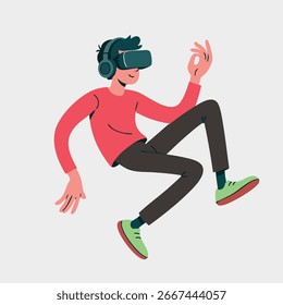 Ilustração vetorial de um homem usando um fone de ouvido e fones de ouvido de realidade virtual, flutuando em um espaço digital imersivo. Ideal para temas de tecnologia, jogos, futuro e entretenimento.