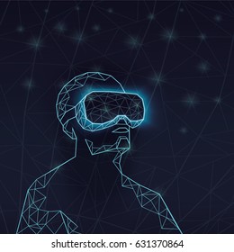 Vector illustration with man wearing virtual reality glasses from triangles. Futuristic style. It can be used for advertising, branding design, brochures, cover, poster, tag, banner, packaging.