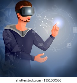 vector illustration of man wearing VR virtual Reality headset glasses and experiencing futuristic cyberscape technology