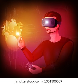 vector illustration of man wearing VR virtual Reality headset glasses and experiencing futuristic cyberscape technology