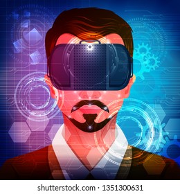 vector illustration of man wearing VR virtual Reality headset glasses and experiencing futuristic cyberscape technology