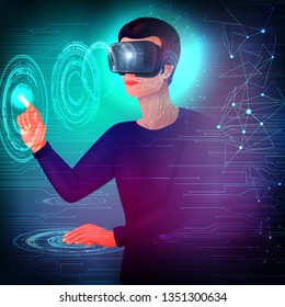 vector illustration of man wearing VR virtual Reality headset glasses and experiencing futuristic cyberscape technology